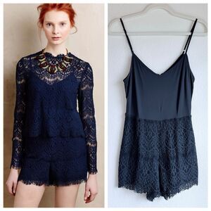 Anthropologie Saylor Savannah Stretch Lace Short Cami Romper in Navy Size XS